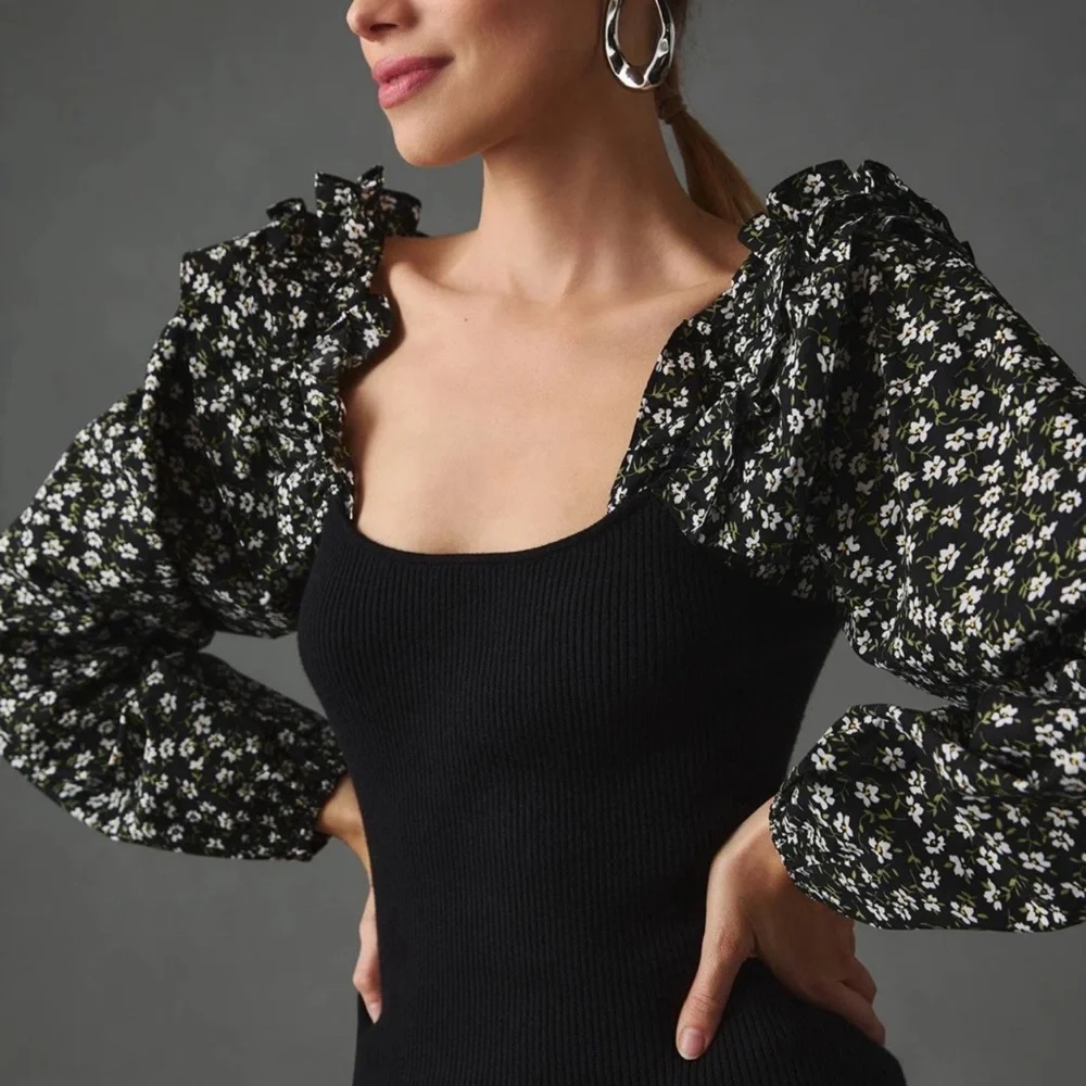 Anthropologie Black Floral Puff Sleeve top small Ribbed knit NWT $98